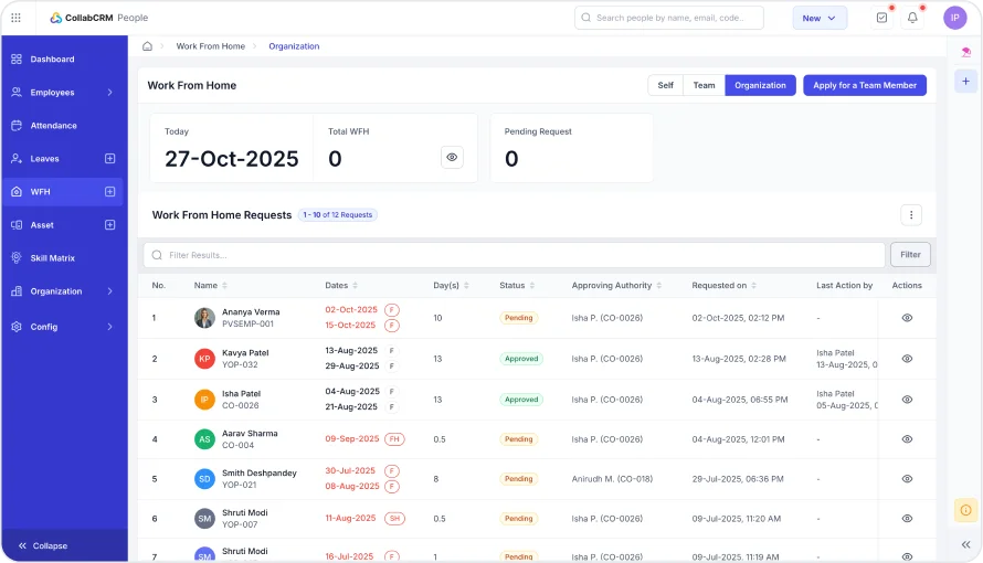 Use self-service features for leave requests, WFH, and profile management.